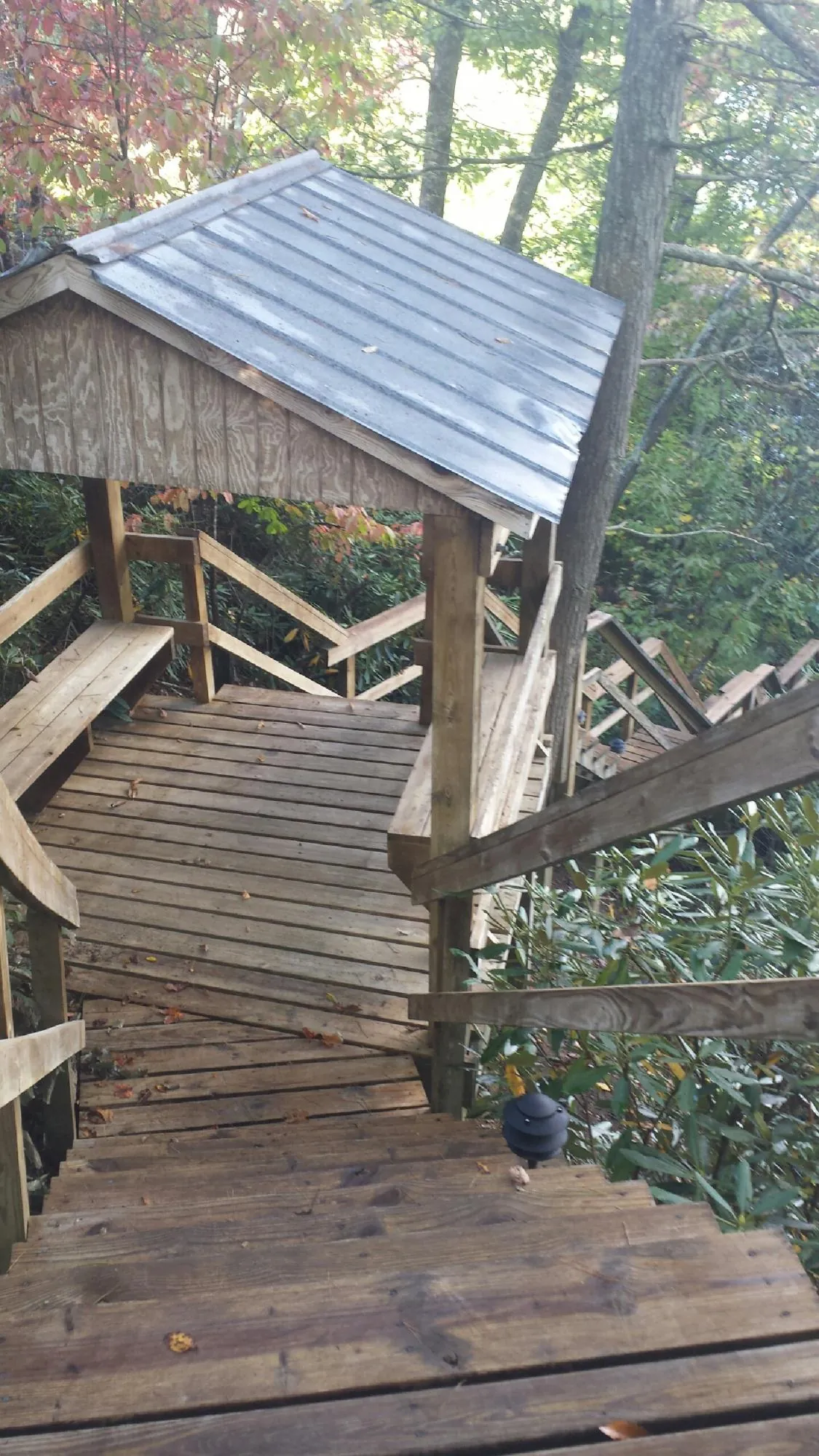 Metal roofed shelter over wooden steps on a wooded walkway — Skylight Repair & Installation work by our crew in Palmer